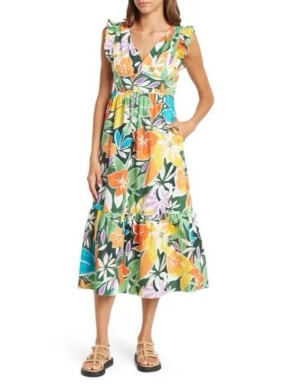 Maggy London Tropical Floral V-Neck Midi Dress in Multicolor Sz: 0